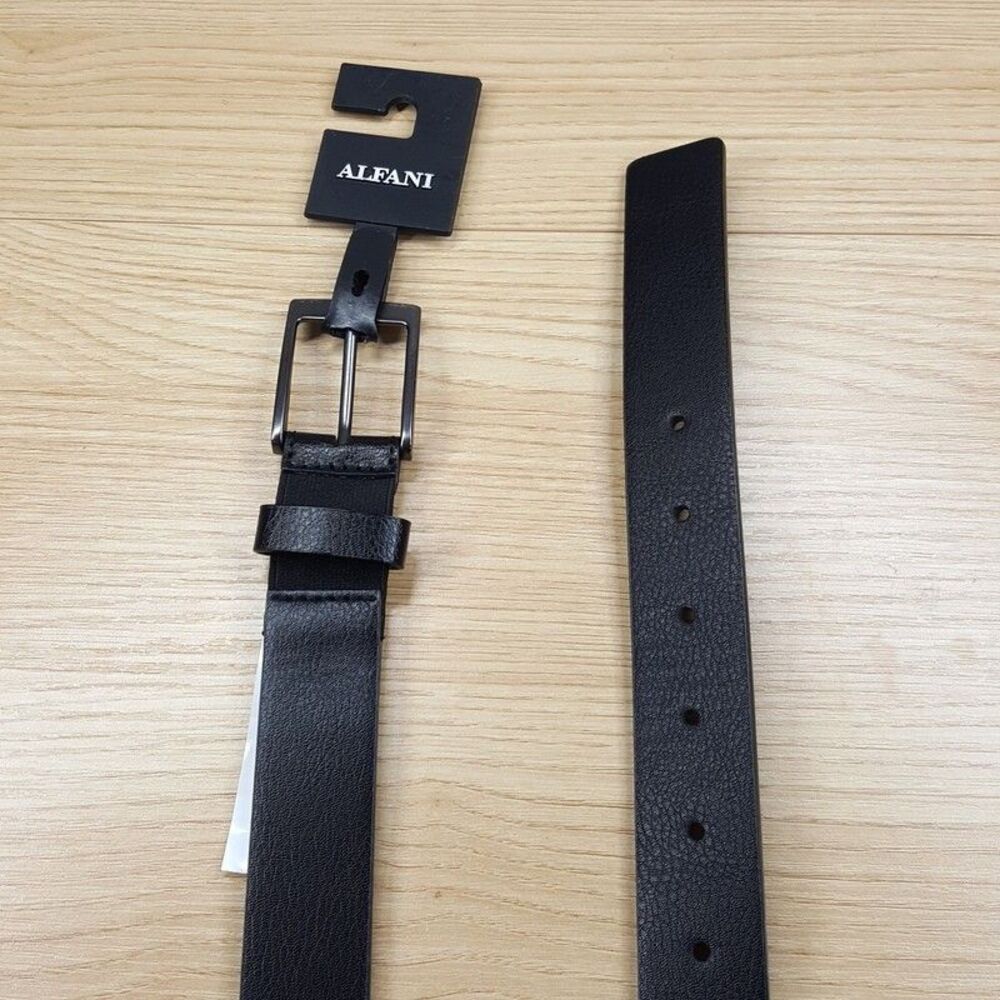ALFANI Belt Mens Size Large 38 40 Black Faux Leather Stretch Silver Buckle